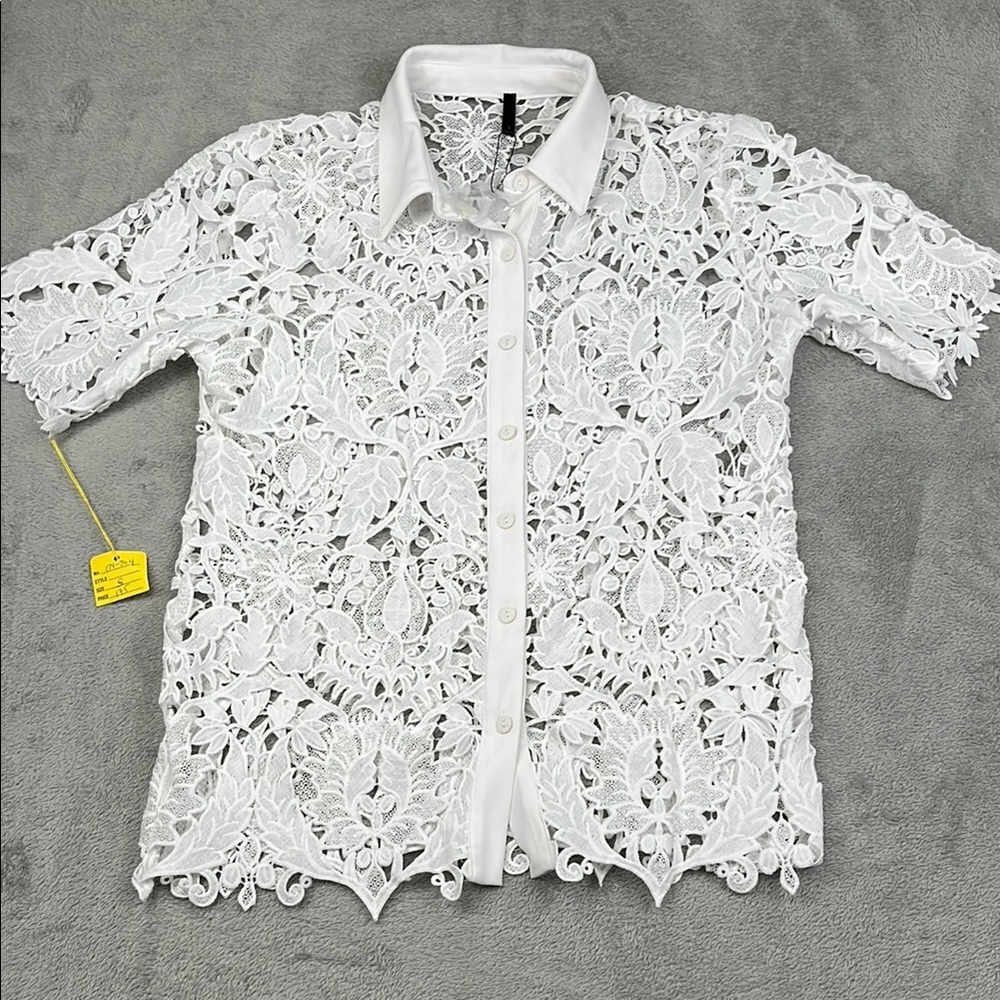 NEW S Womens Button‎ Down Short Sleeve Elegant White Lace Blouse